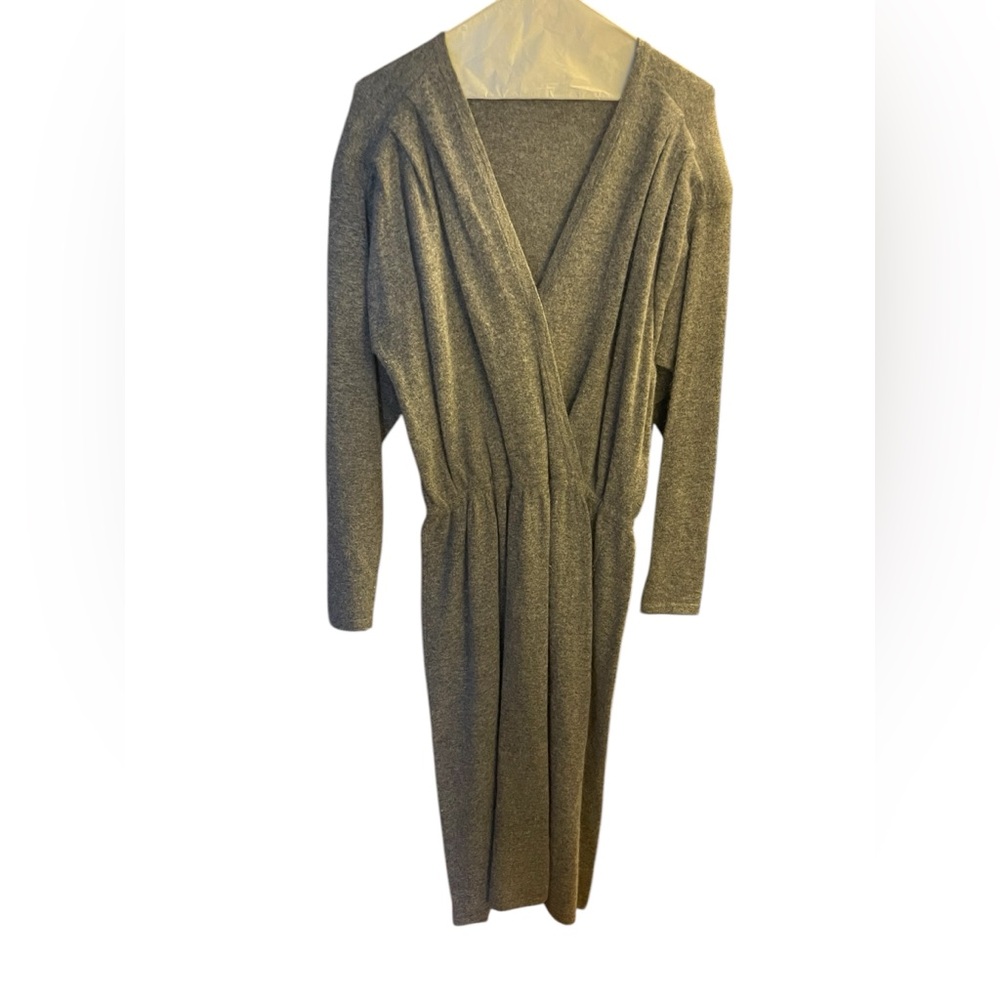 Vintage 80s Lambswool Angora Heather Gray Faux Wrap Midi Sweater Dress L